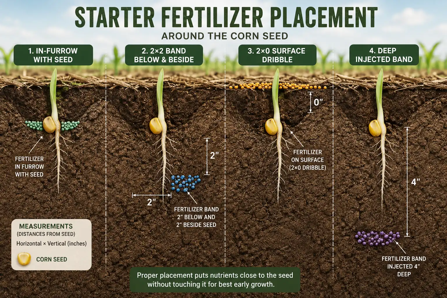 Soil cross-section comparing in-furrow, 2×2 band, surface dribble, and injected placement distances around a germinating corn seed