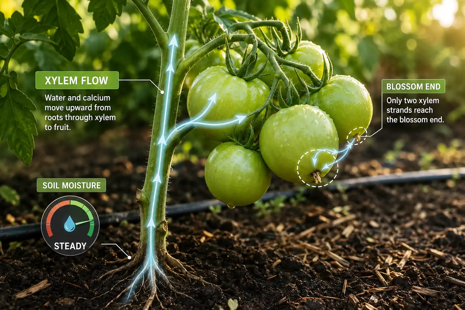 Even soil moisture keeps calcium moving through the xylem into fruit, which prevents blossom end rot far more reliably than adding extra calcium