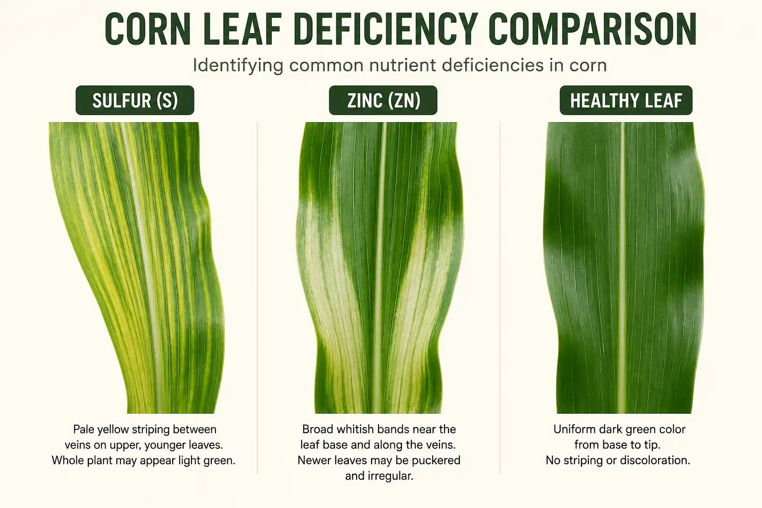 Corn leaf comparison showing pale upper-leaf striping from sulfur shortage, whitish basal bands from zinc shortage, and a healthy dark green leaf