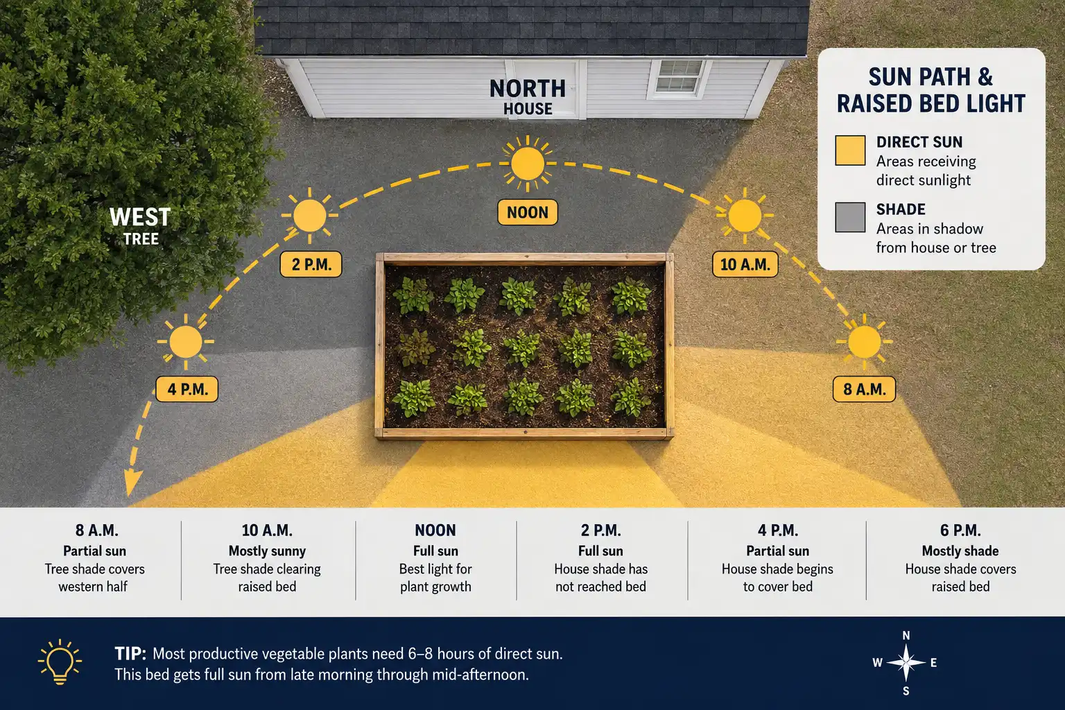 Overhead diagram showing how to track sun hours across a garden bed at six times of day to confirm six hours of direct light