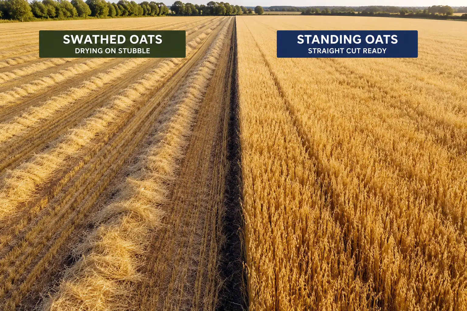 Swathe oats at hard dough near 30 to 35 percent moisture, and straight cut standing oats at 13 to 14 percent.