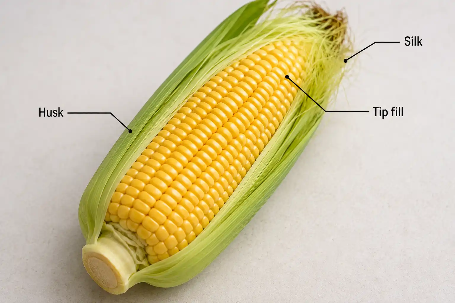 Peak season Florida corn shows a tight green husk, moist golden silk, and plump kernels to the tip.