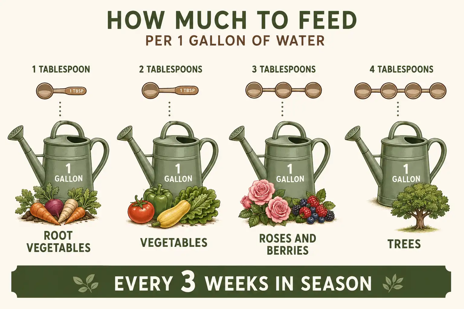 Root vegetables take one tablespoon per gallon, vegetables take two, roses and berries take three, and trees take four, applied every three weeks in season