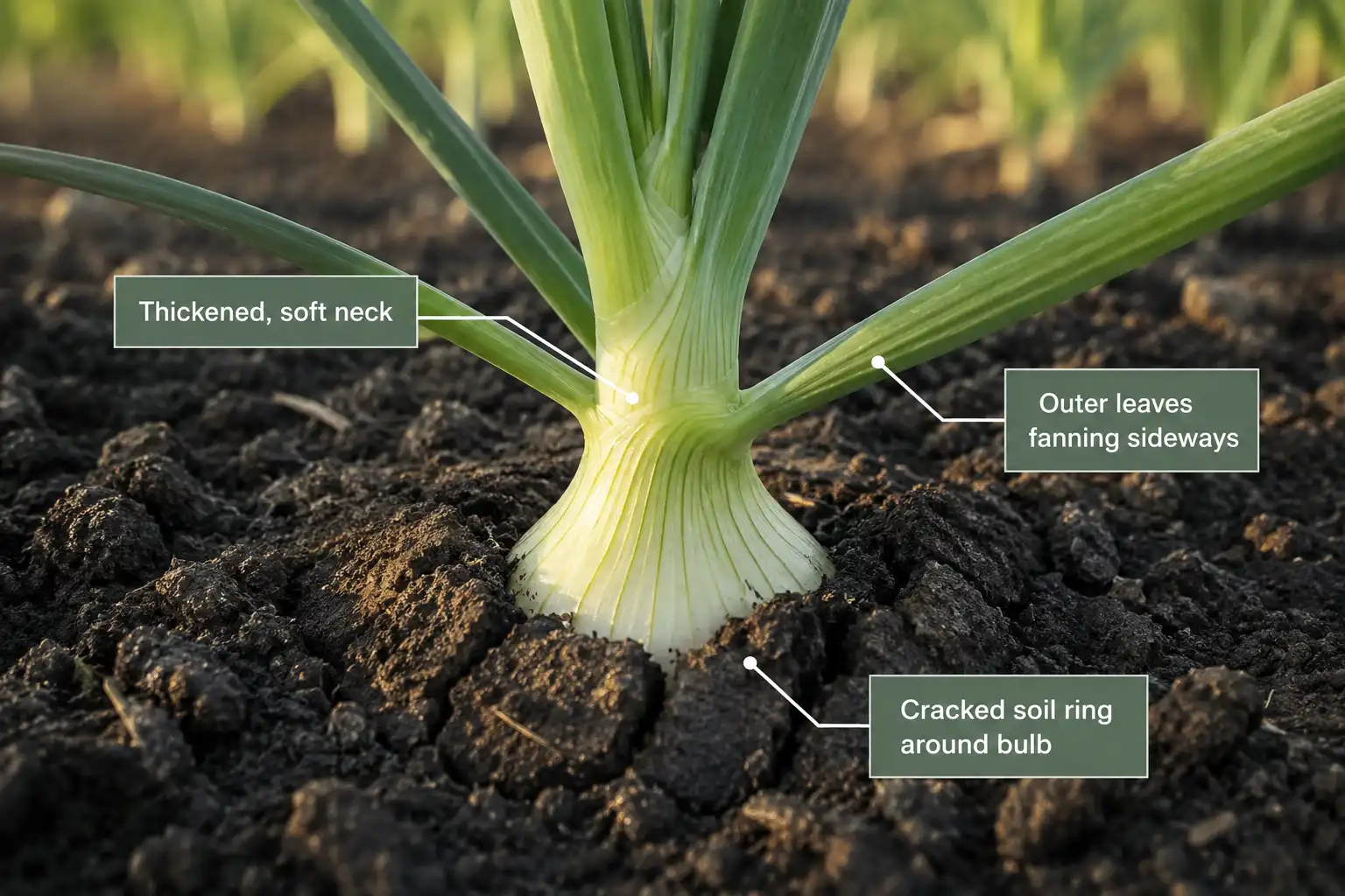 Nitrogen stops once the neck thickens and softens, the outer leaves fan sideways, and the soil cracks open as the bulb shoulder swells.