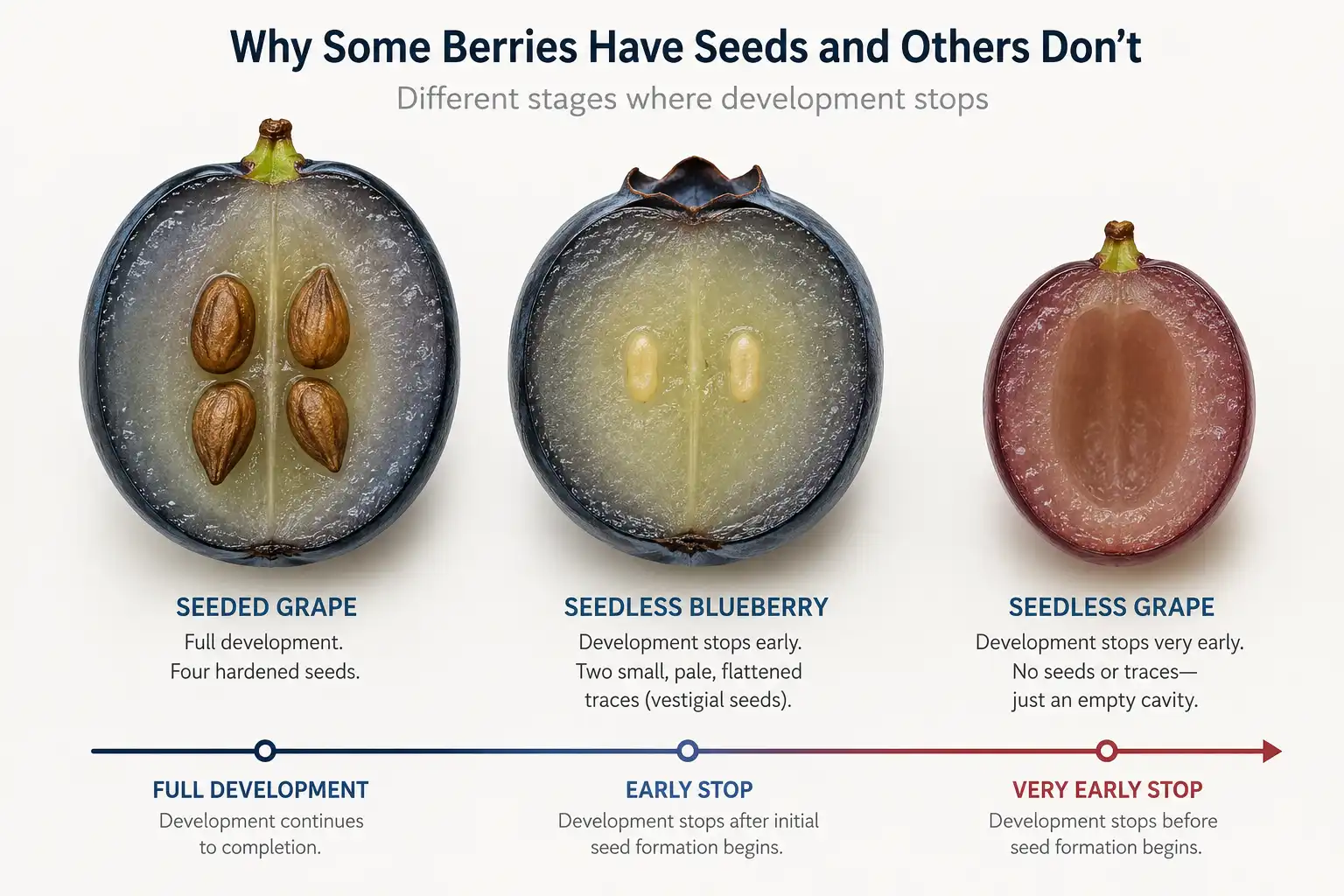 Normal seed set hardens four brown seeds, aborted development leaves two soft pale traces in a full size berry, and berries set without fertilization stay small and empty