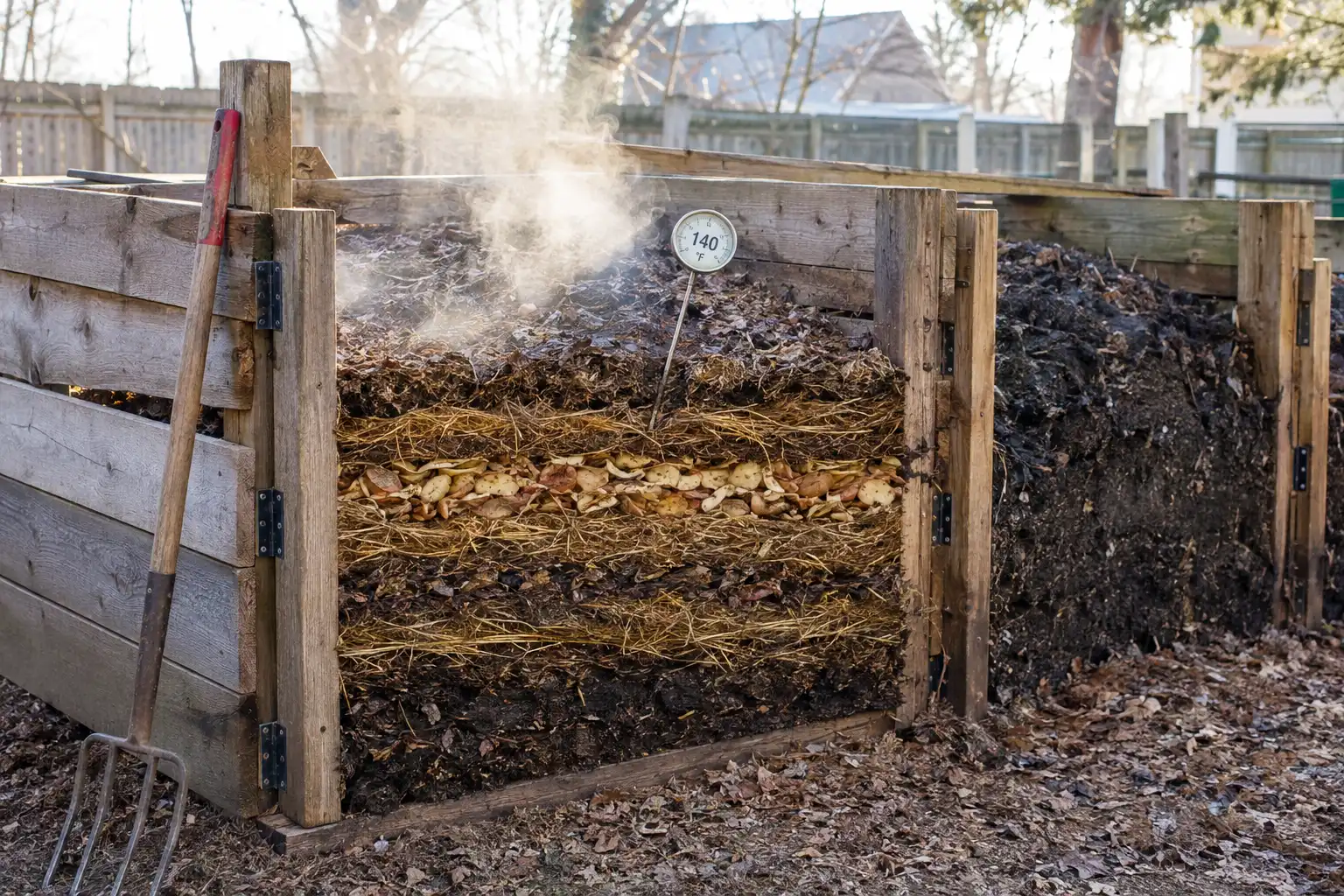 Cutaway compost bin with chopped potato peels layered between straw and leaves, steaming gently while a dial thermometer in the core reads 140 degrees Fahrenheit