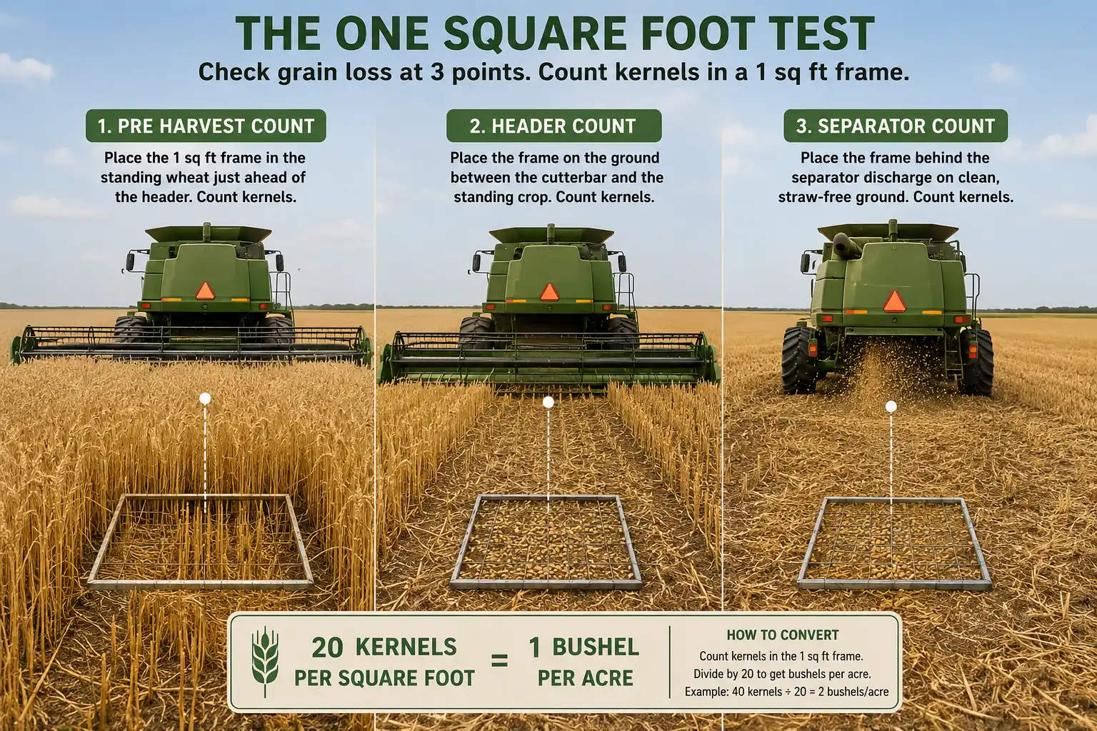 Checking threshing loss means counting kernels in a one square foot frame at three spots, in standing wheat, behind the cutterbar, and behind the separator, then converting the counts into bushels per acre