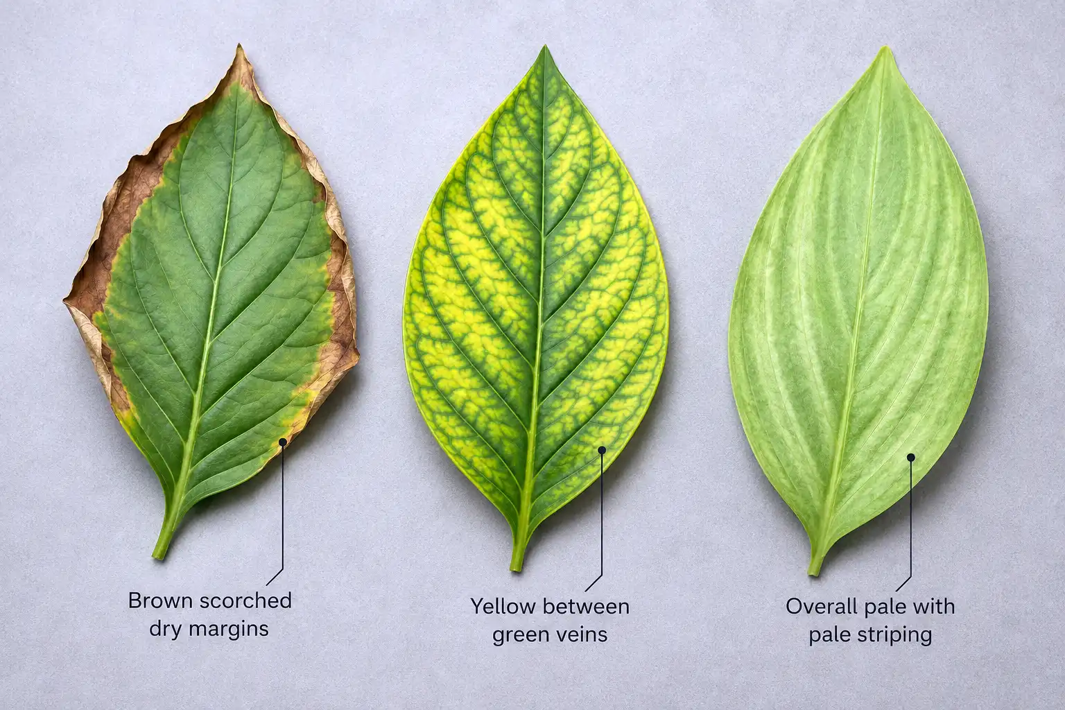 Potassium shortage scorches leaf margins, magnesium shortage yellows tissue between green veins, and sulfur shortage pales the upper canopy with faint striping