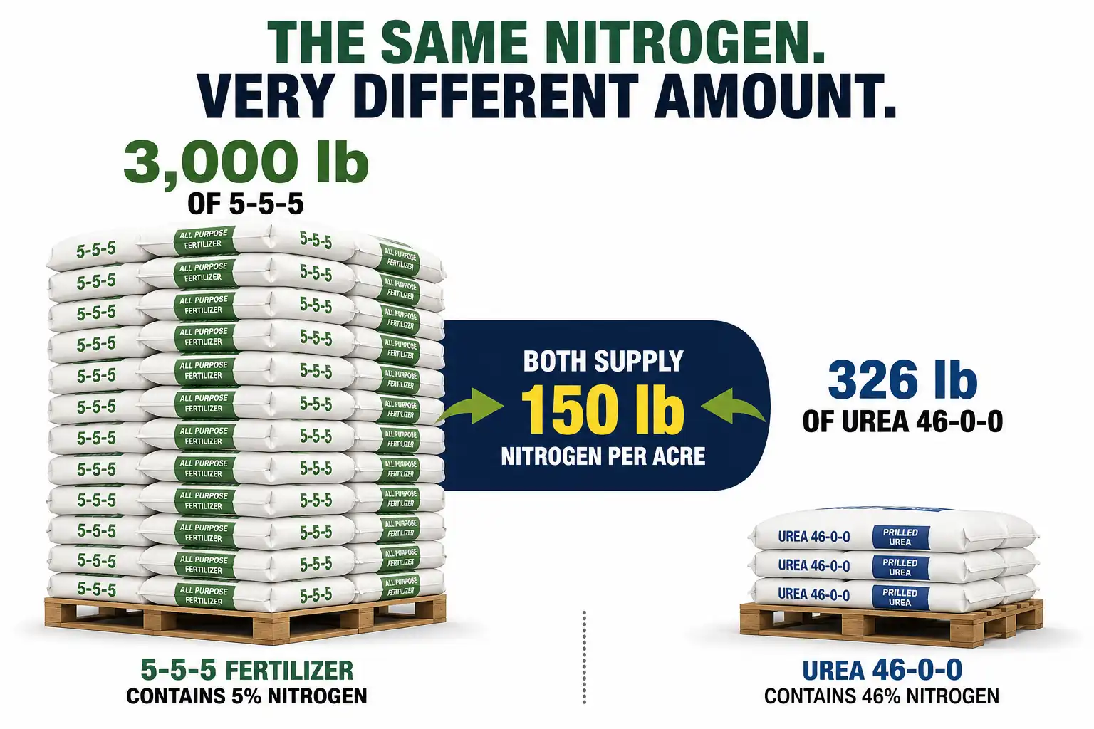 Supplying 150 pounds of nitrogen per acre takes 3,000 pounds of a balanced 5 percent blend but only 326 pounds of urea, which is why this grade stays in gardens rather than field acres