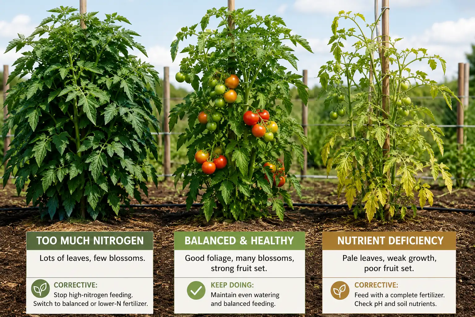 Too much nitrogen gives dark leafy vines with few blossoms, correct spacing between feedings gives heavy fruit set, and pale lower leaves mean the plant needs feeding now