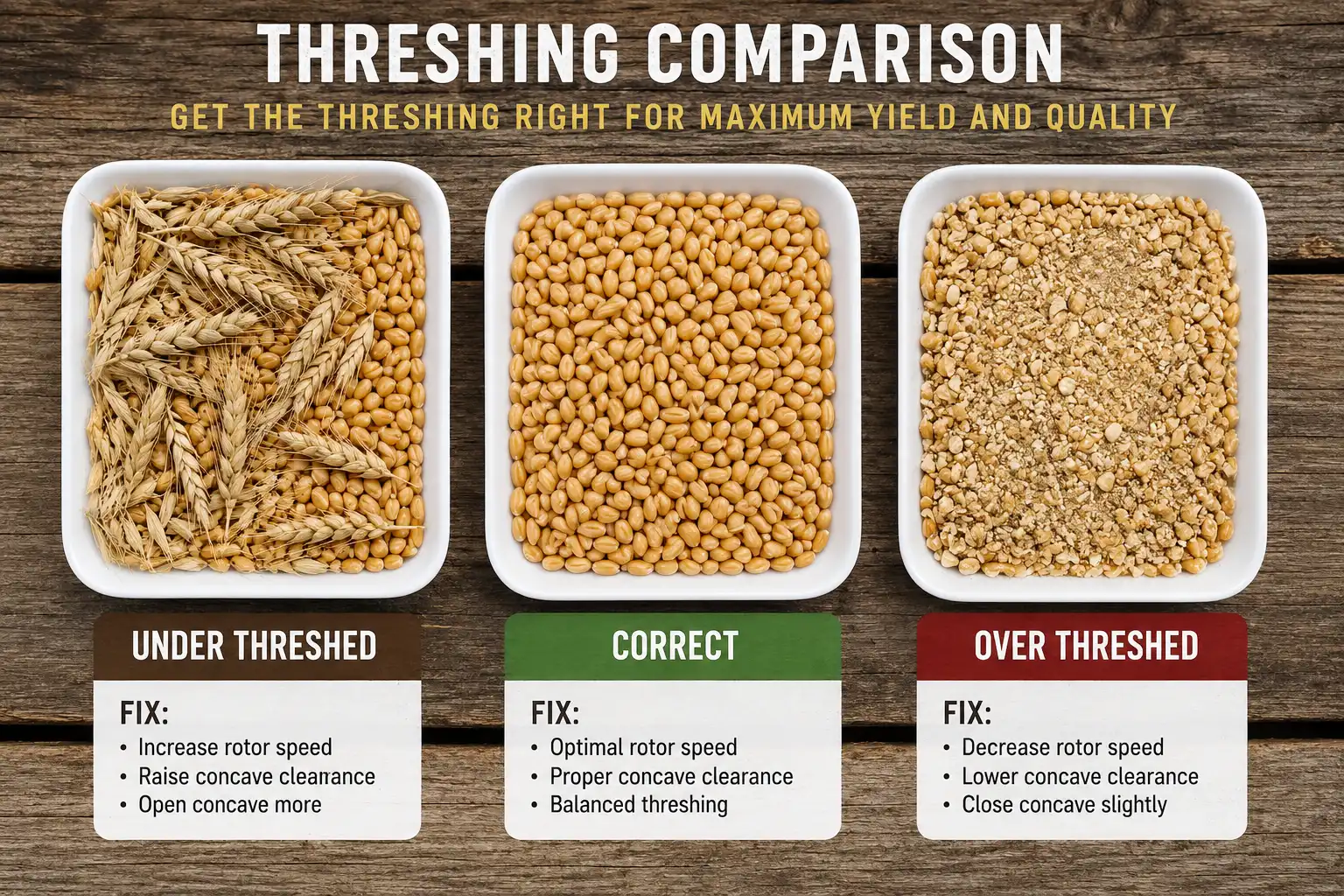 Under threshed wheat leaves whole kernels in the heads, correct threshing gives clean plump kernels, and over threshing produces cracked grain and dust that costs quality in the bin