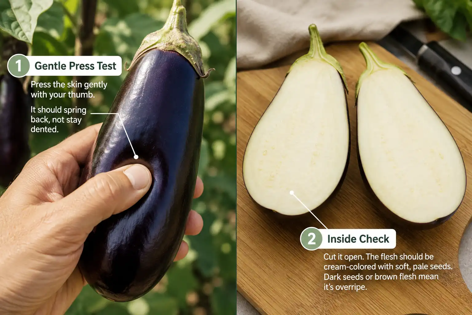 Thumb denting the side of a glossy eggplant that rebounds slowly, beside a halved fruit showing pale soft seeds in cream flesh at the correct picking stage