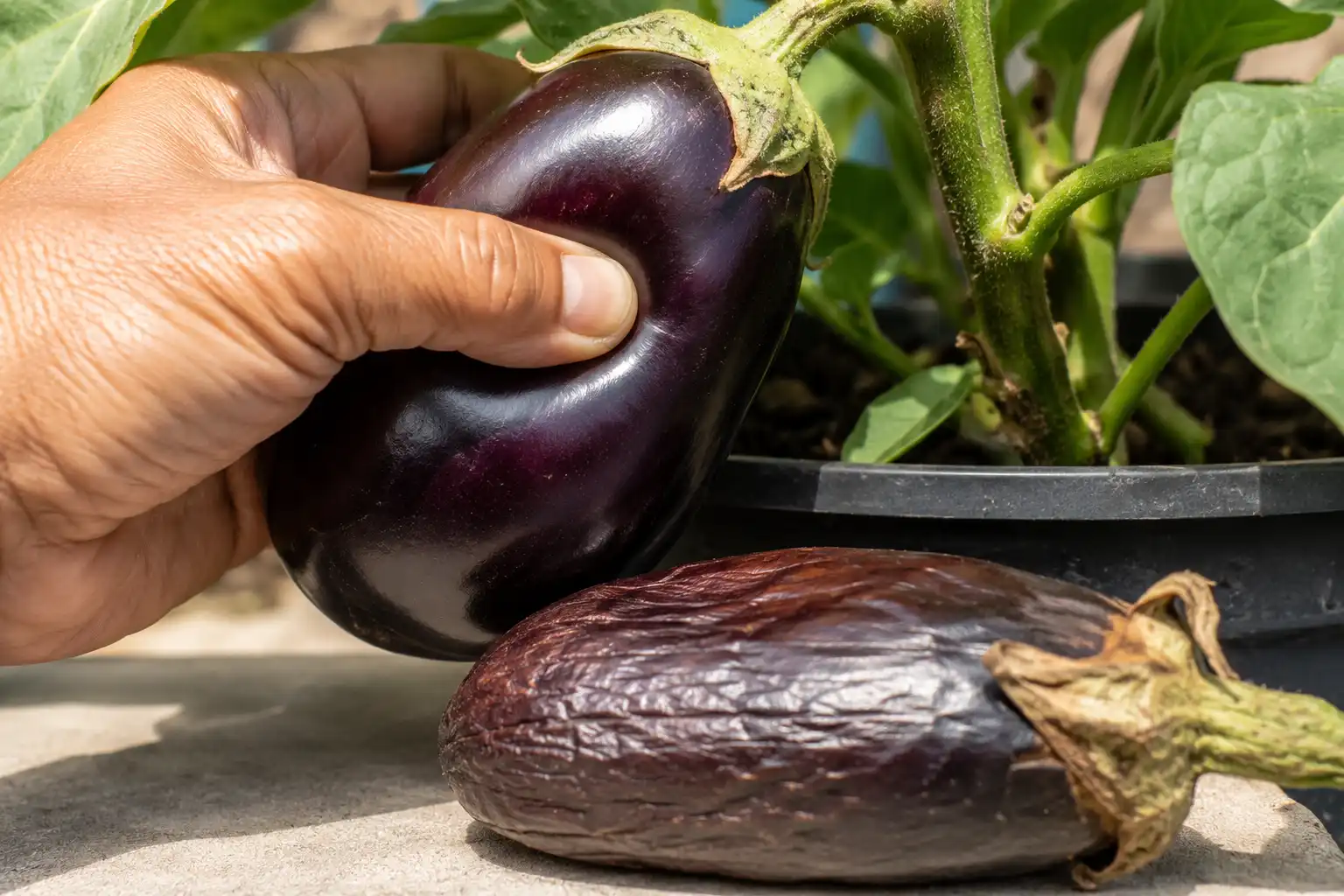 Gardener pressing a glossy purple eggplant so the dent springs back, next to a dull skinned overripe fruit for comparison.