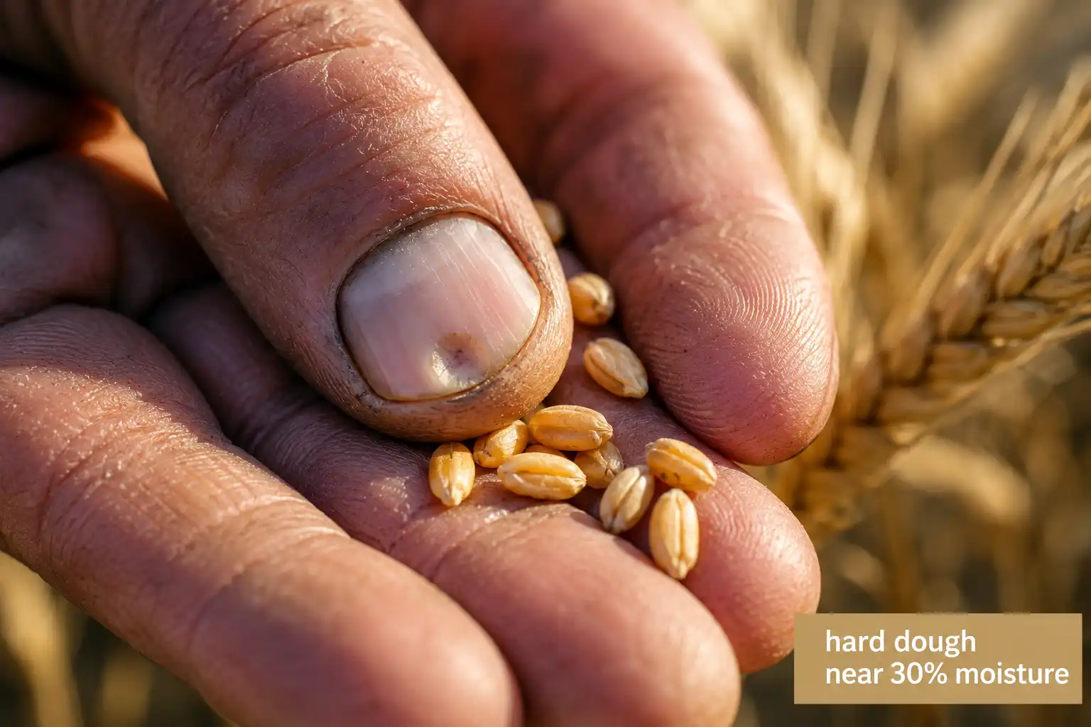 Farmer pressing a thumbnail into a wheat kernel and leaving a dent that holds, the sign grain has reached hard dough at roughly 30% moisture.