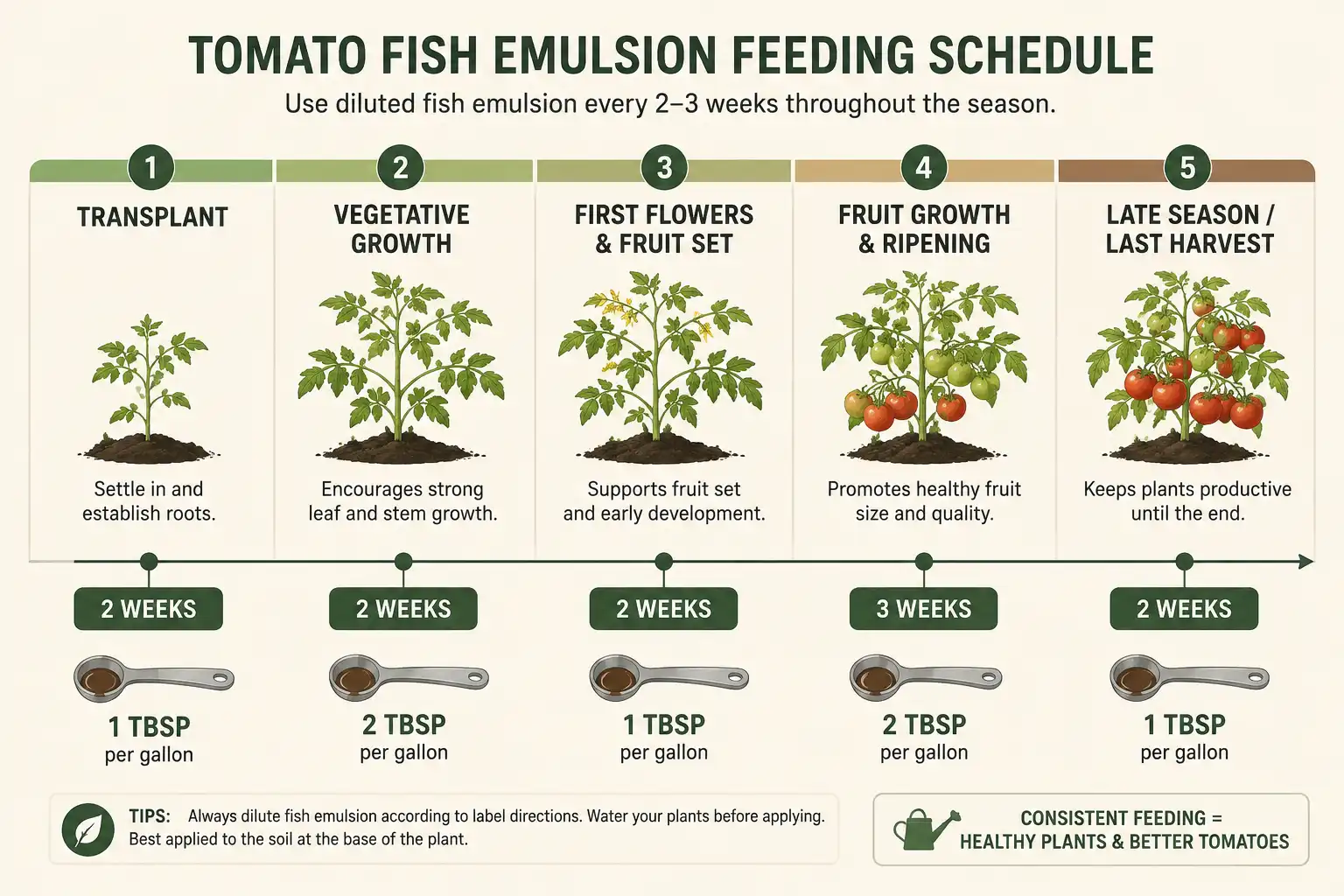 Timeline of five tomato growth stages with a two week interval before bloom and a three week interval after bloom, plus the spoon rate for each stage.