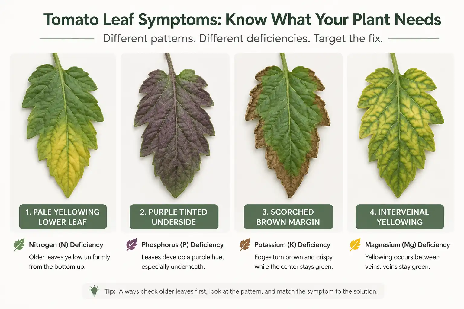 Pale lower leaves point to a nitrogen shortage, purple leaf undersides to phosphorus, browning leaf margins to potassium, and yellowing between green veins to magnesium.