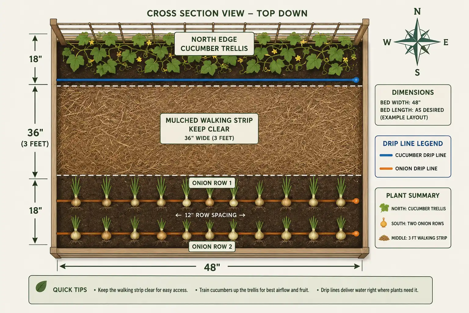 A five foot bed plan puts the cucumber trellis on the north edge, a three foot mulched strip in the middle, and two onion rows along the sunny south edge