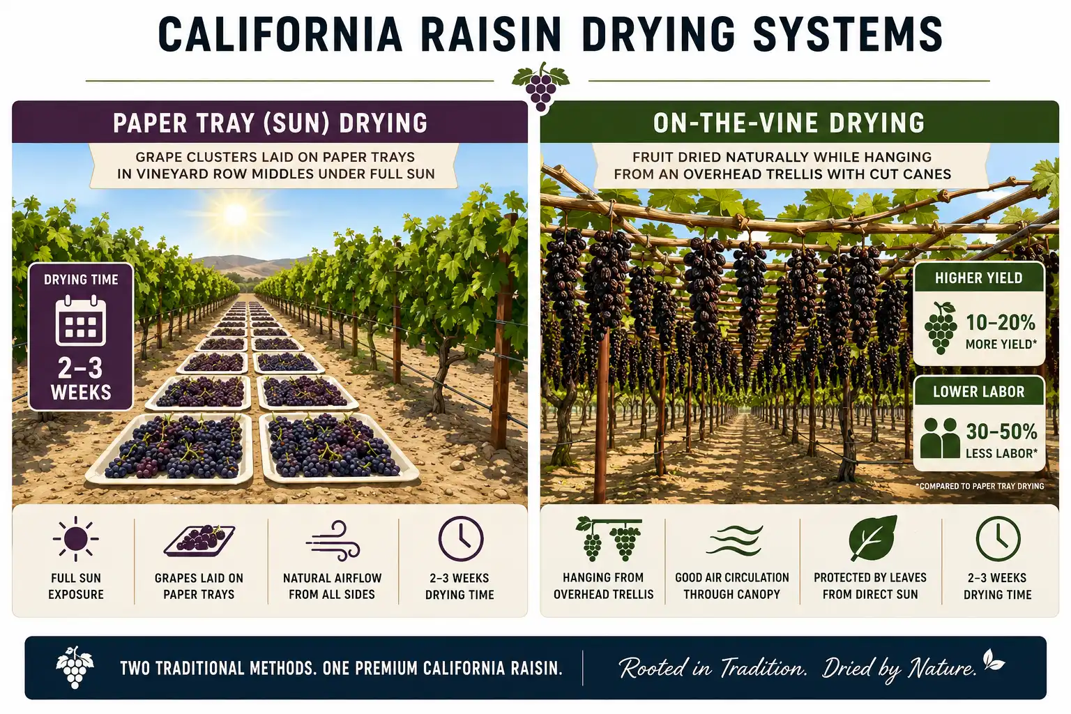 Raisin growers dry grapes either on paper trays laid between vineyard rows for two to three weeks or on the vine under an overhead trellis, which cuts labor and reduces rain loss