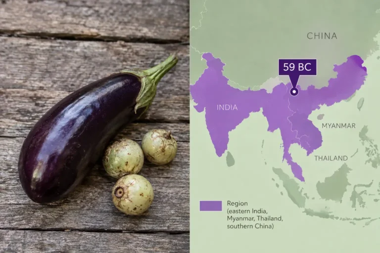 A cultivated purple eggplant beside its small round wild Asian relative, next to a map shading eastern India, Myanmar, Thailand and southern China as the crop's origin region