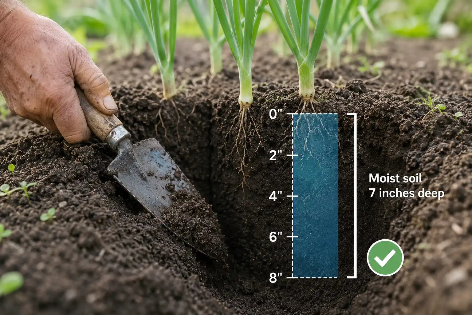Digging a trowel slot beside the onion row confirms water reached six to eight inches deep, which is the depth that covers the entire onion root zone