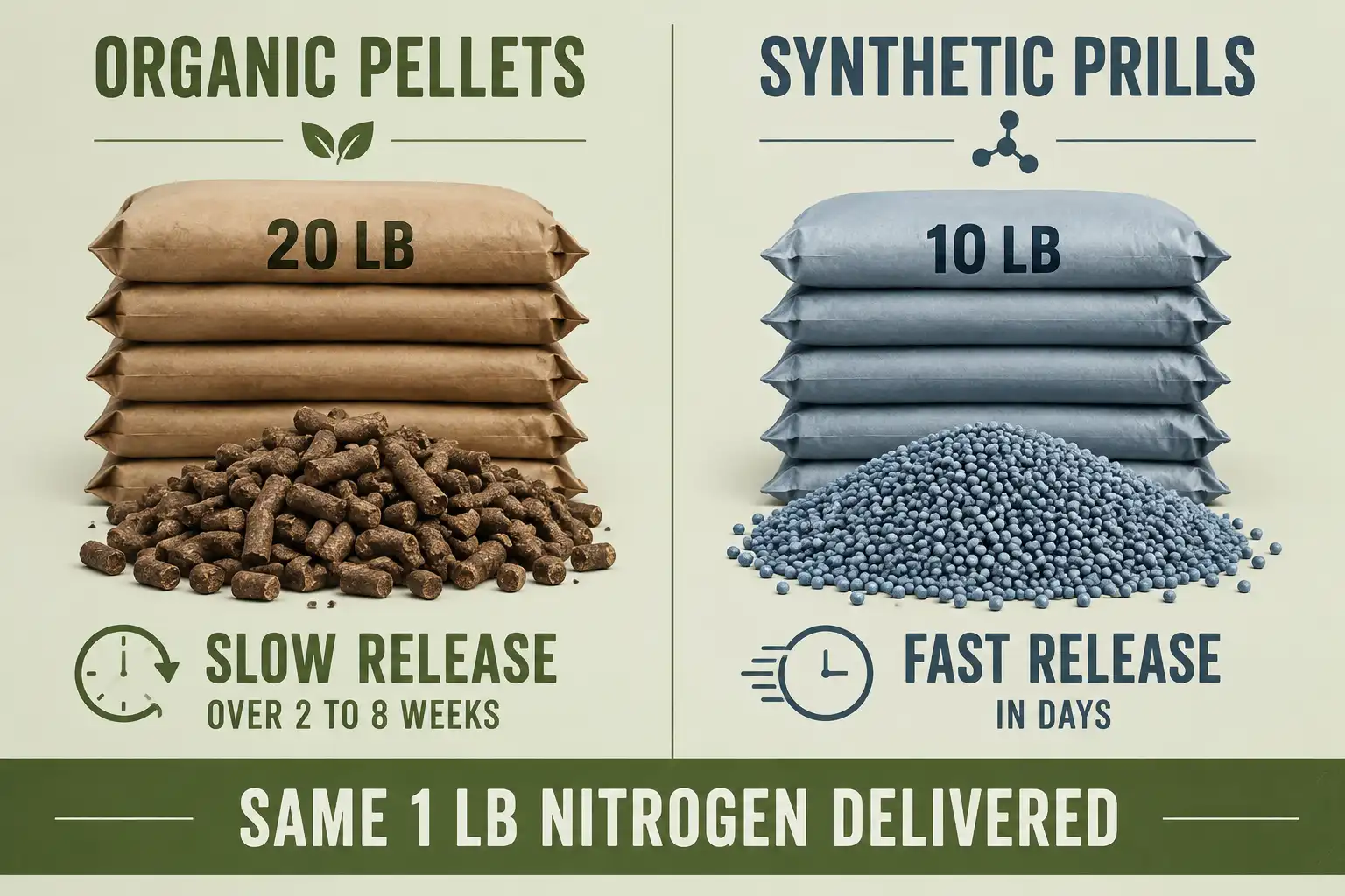 Twenty pounds of a balanced organic blend and ten pounds of a synthetic 10-10-10 both deliver one pound of nitrogen, but the organic version releases over two to eight weeks instead of days