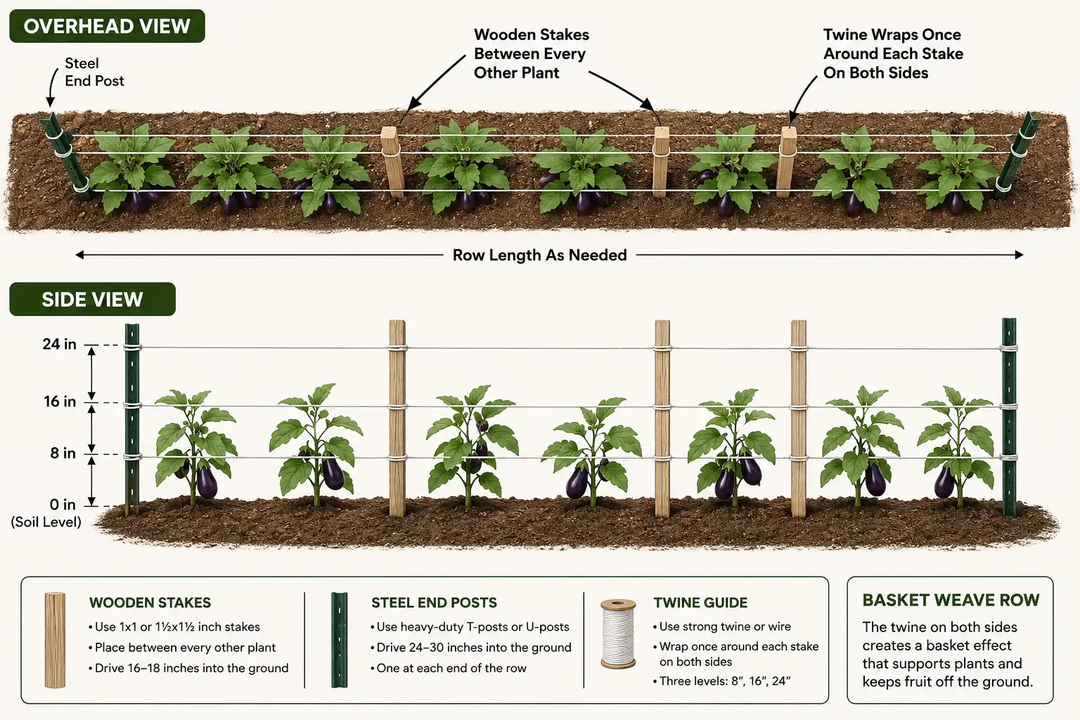 Basket weave layout with stakes between every other eggplant, steel end posts, and twine running down both sides of the row at three stacked heights.