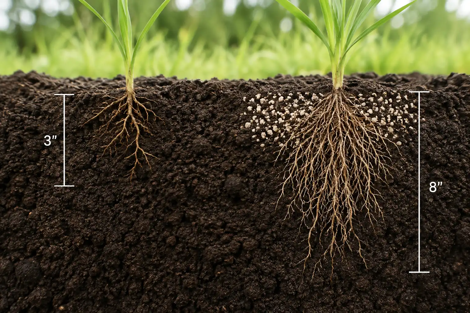 Phosphate worked into the top two inches of the seedbed builds a deeper, denser seedling root system than untreated soil