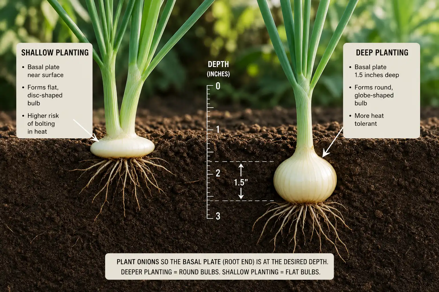 Onion transplants set 1 to 1.5 inches deep put the basal plate lower and grow round globe bulbs, while shallow planting grows flat disc shaped bulbs