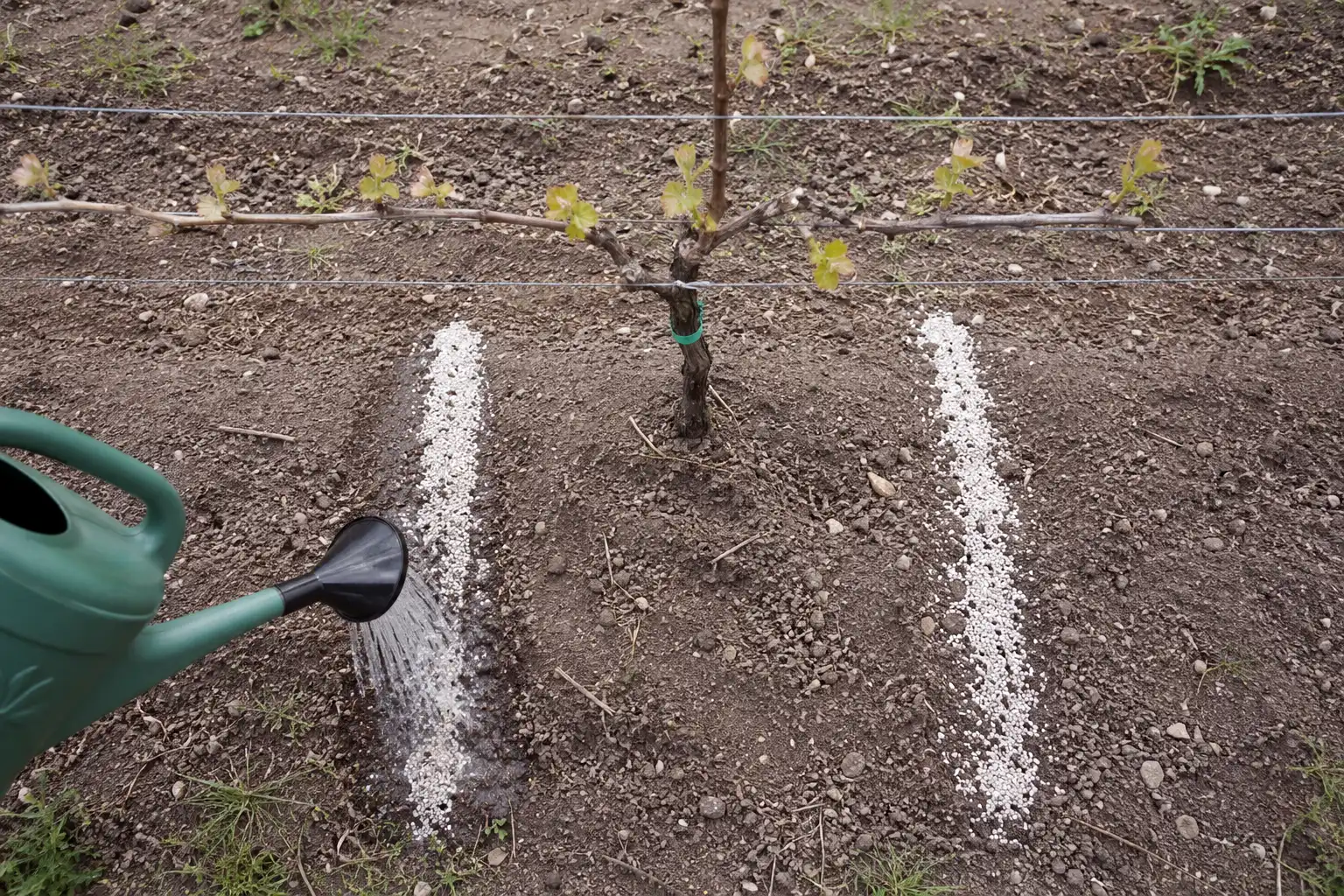 Granular fertilizer laid in two parallel bands sixteen inches out from a grape trunk under the trellis wire, then watered in right after spreading