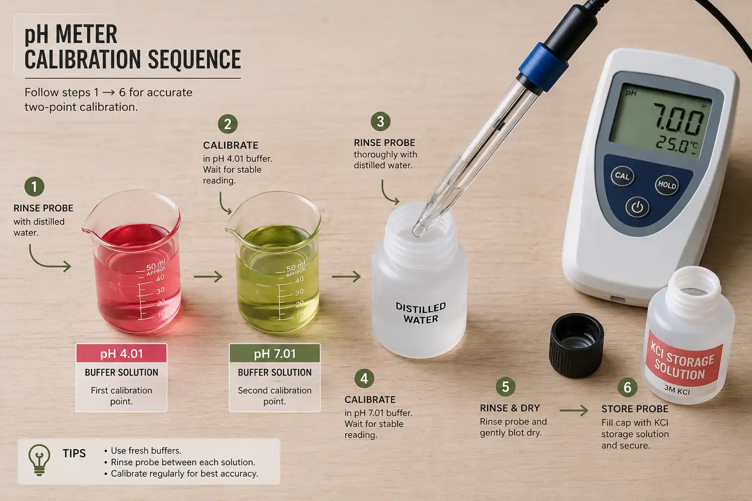Calibrate a digital soil pH meter on pH 7 then pH 4 buffer, then store the probe in KCl solution instead of distilled water.
