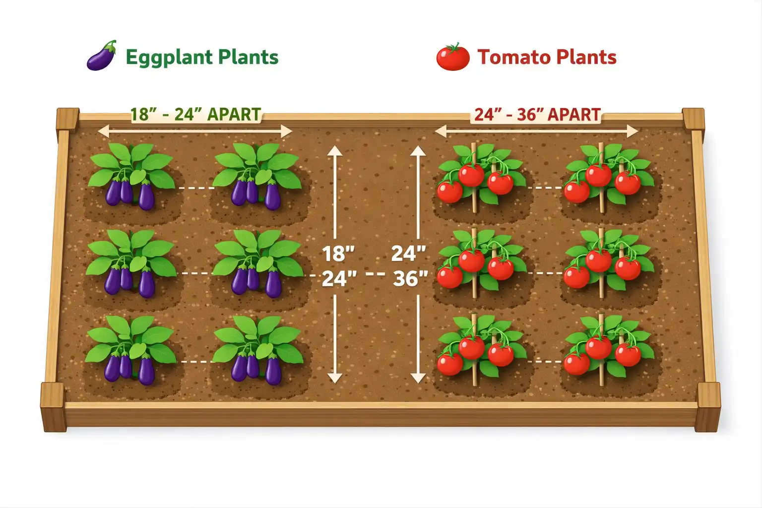 Eggplant sits 18 to 24 inches apart in its own row while caged tomatoes take 30 to 36 inches, with 30 to 36 inches between rows.