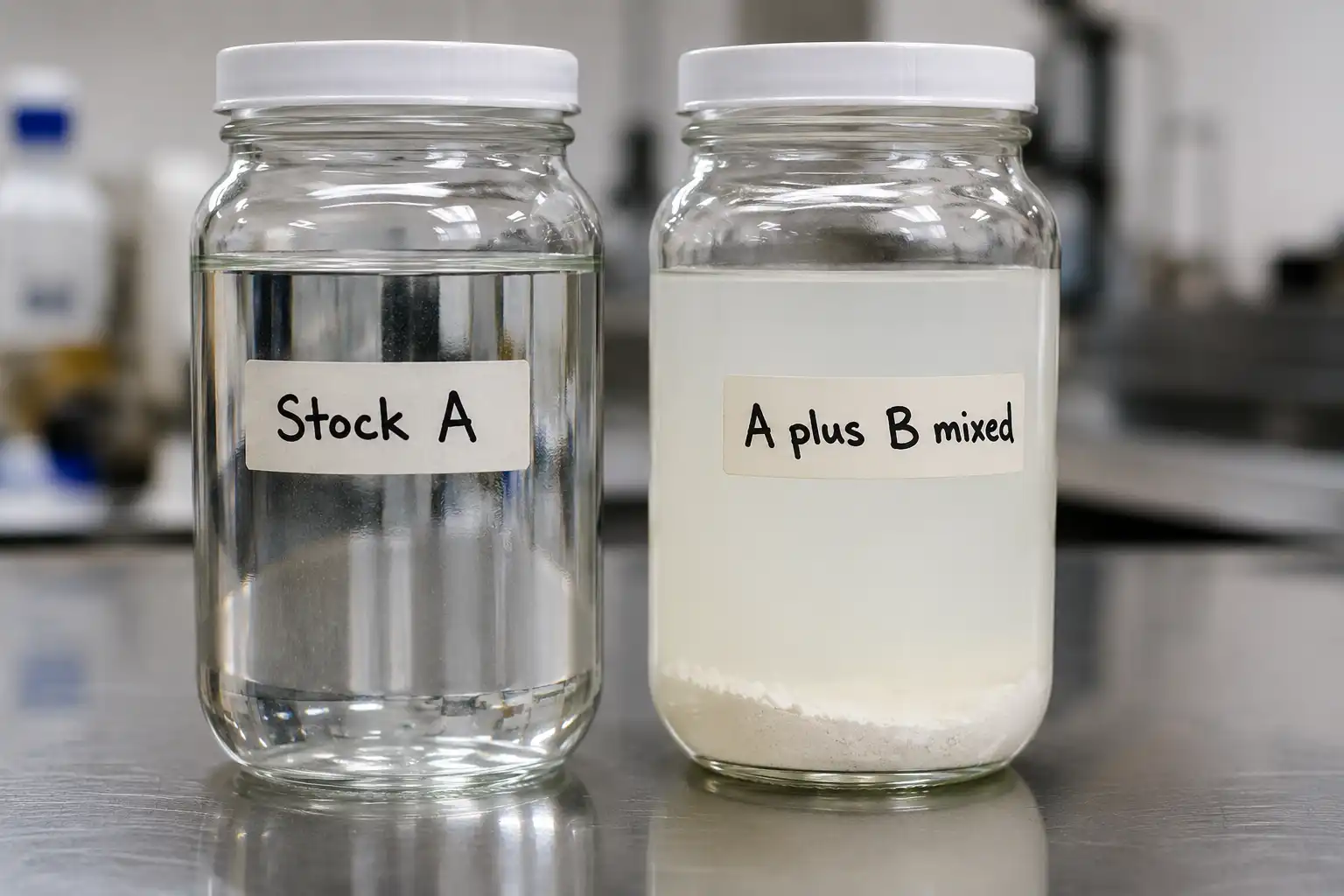 Calcium nitrate stays clear in its own stock tank, then turns milky and drops chalky sediment when mixed with magnesium sulfate at concentrate strength
