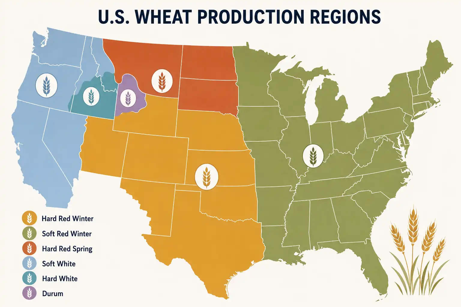 Map of United States wheat production regions with hard red winter across the Great Plains, soft red winter east of the Mississippi, hard red spring in the Northern Plains, and soft white in the Pacific Northwest