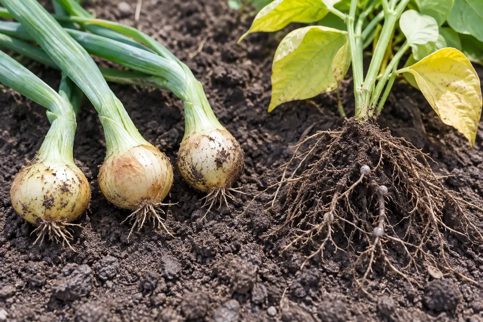 Crowded onions size under two inches with thick necks that will not cure, while nearby beans show pale lower leaves and few gray nodules instead of pink ones