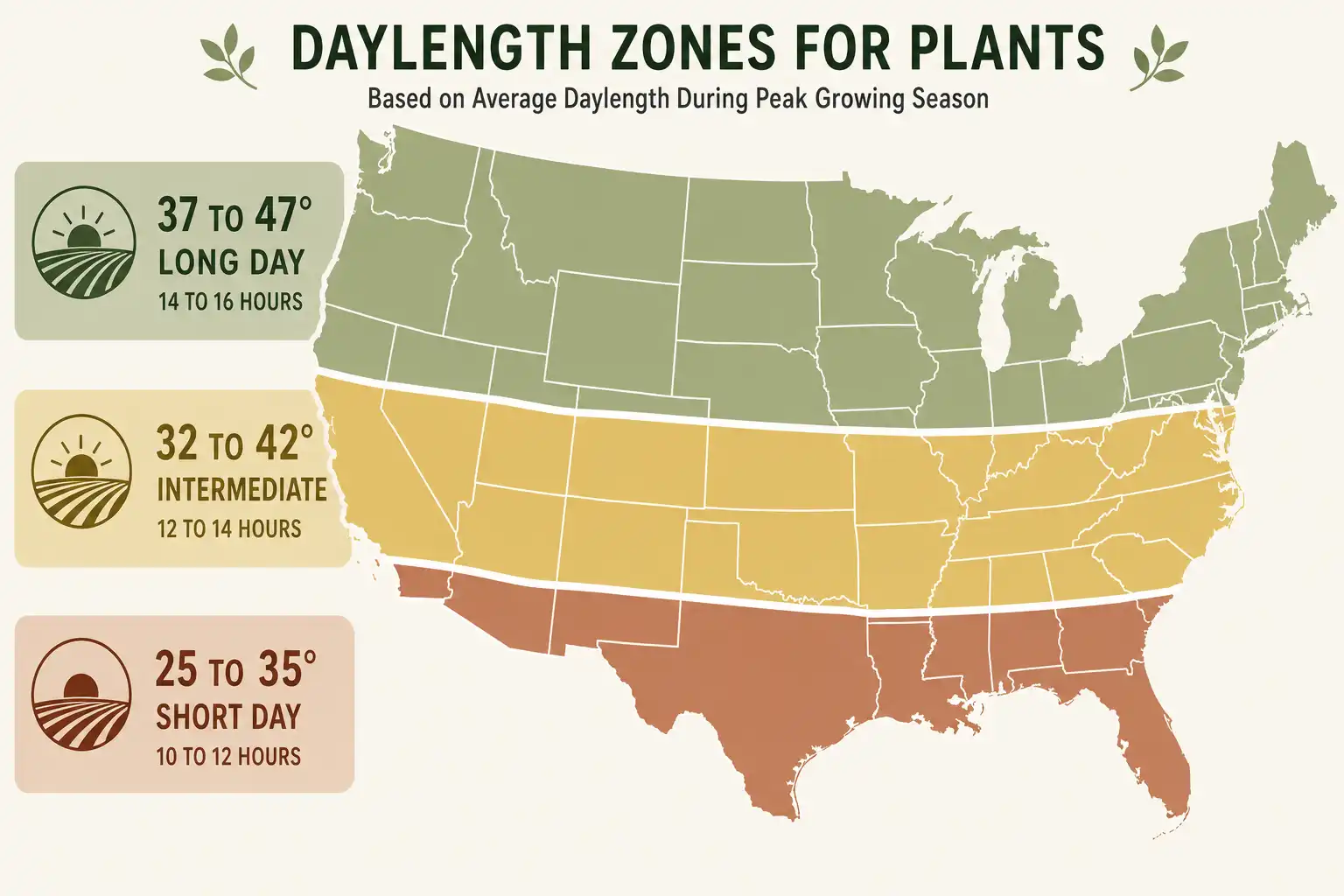 Short day onions bulb at 10 to 12 hours of daylight across latitudes 25 to 35 degrees, intermediate types bulb at 12 to 14 hours from 32 to 42 degrees, and long day types bulb at 14 to 16 hours from 37 to 47 degrees