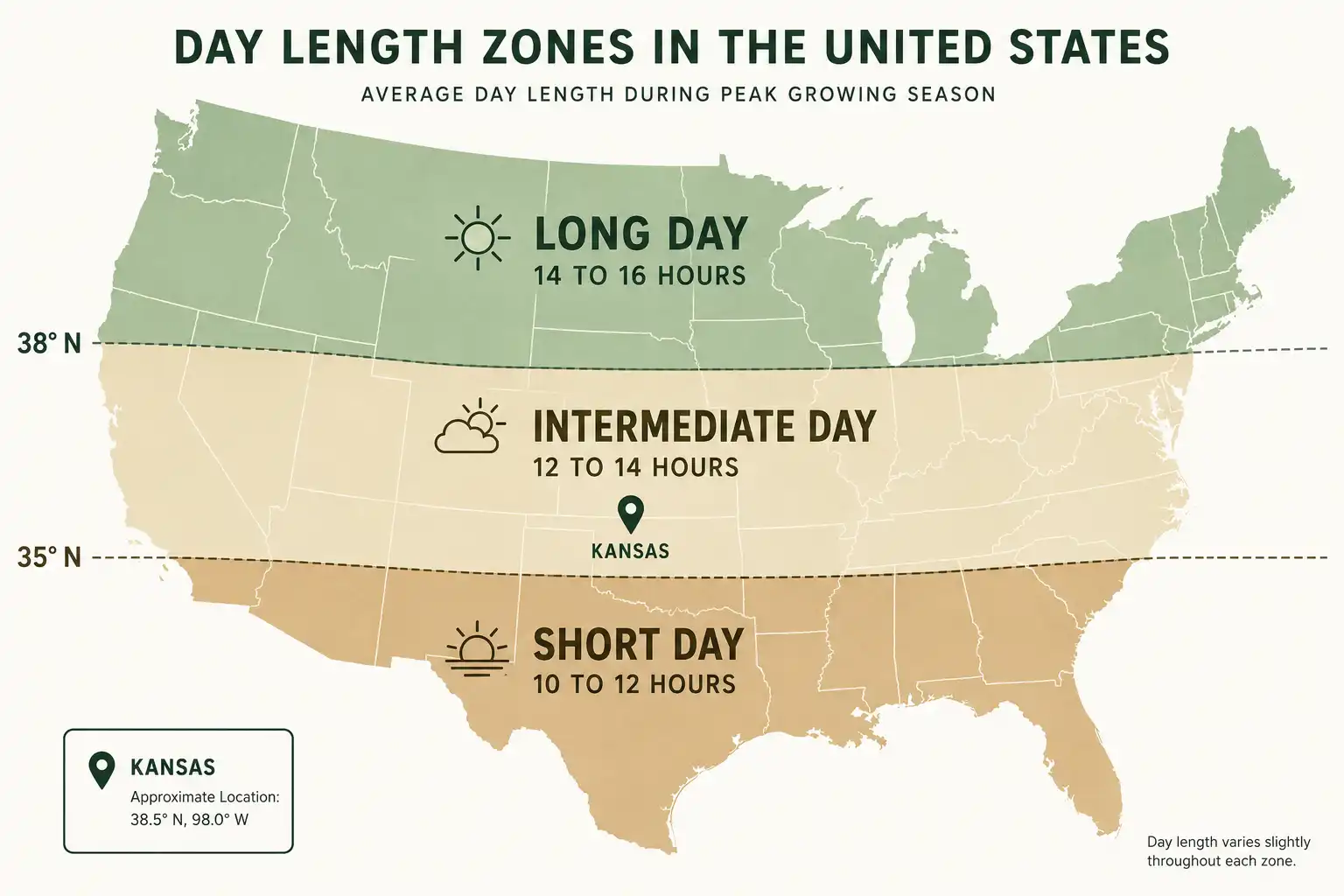 Short day onions suit the South below 35 degrees north, intermediate day onions suit Kansas and the middle latitudes, and long day onions suit the North above 38 degrees north