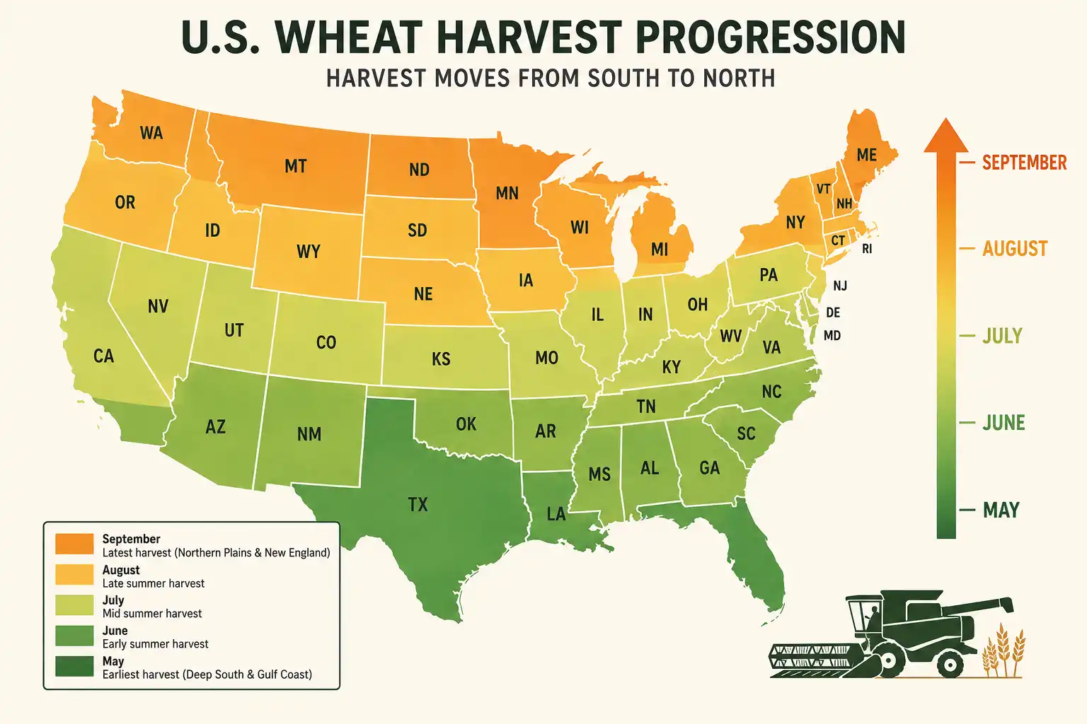 Wheat harvest begins in Texas in late May and moves north through Kansas in June and July, reaching Montana and Washington by September