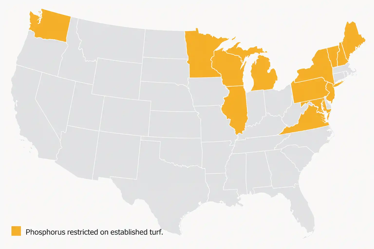 Thirteen states including Maryland, New York, Minnesota, and Washington limit phosphorus lawn fertilizer on established turf unless a soil test shows a need