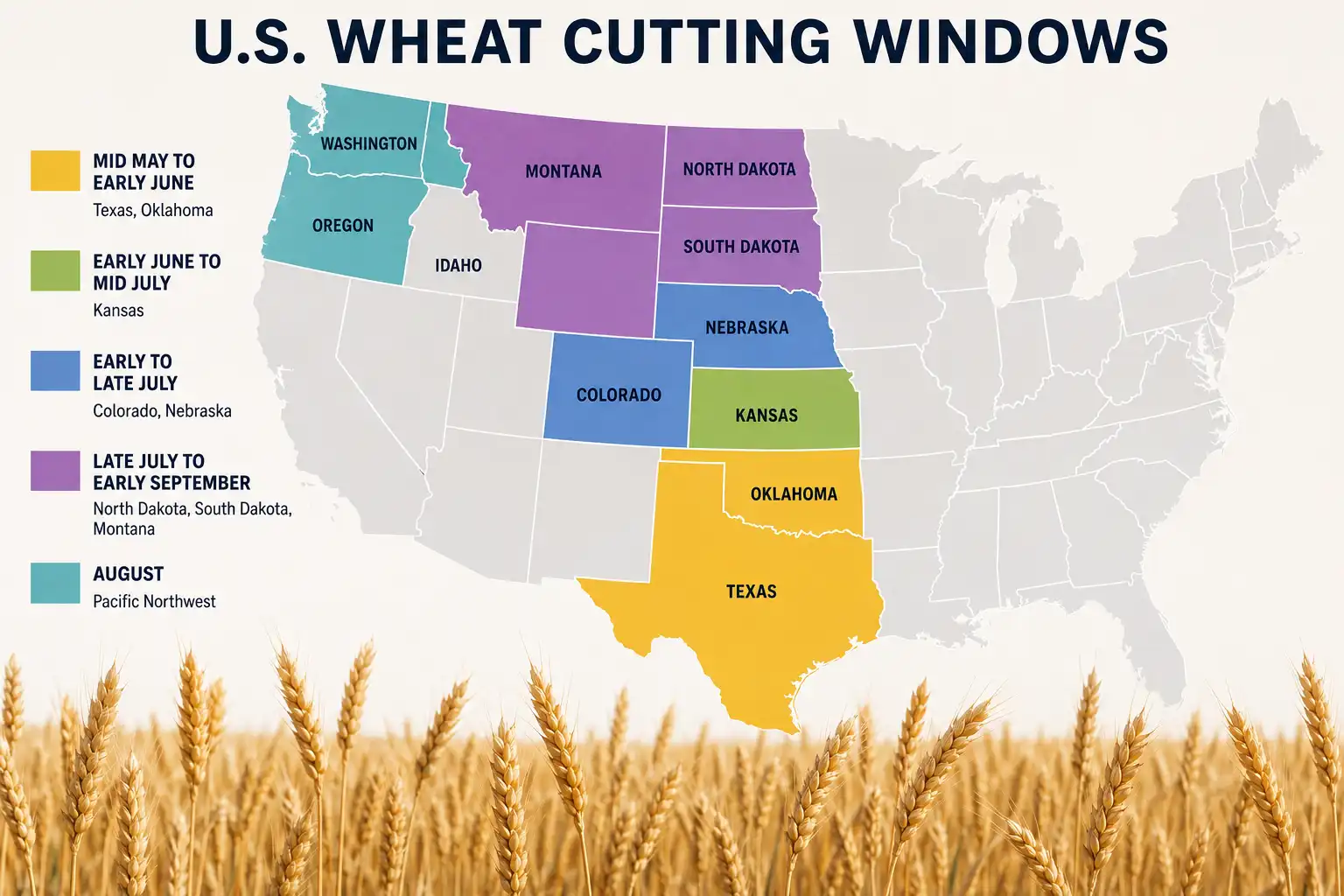 Map of US wheat cutting windows running from mid May in Texas and Oklahoma through June and July in Kansas to late July and September in the northern spring wheat states