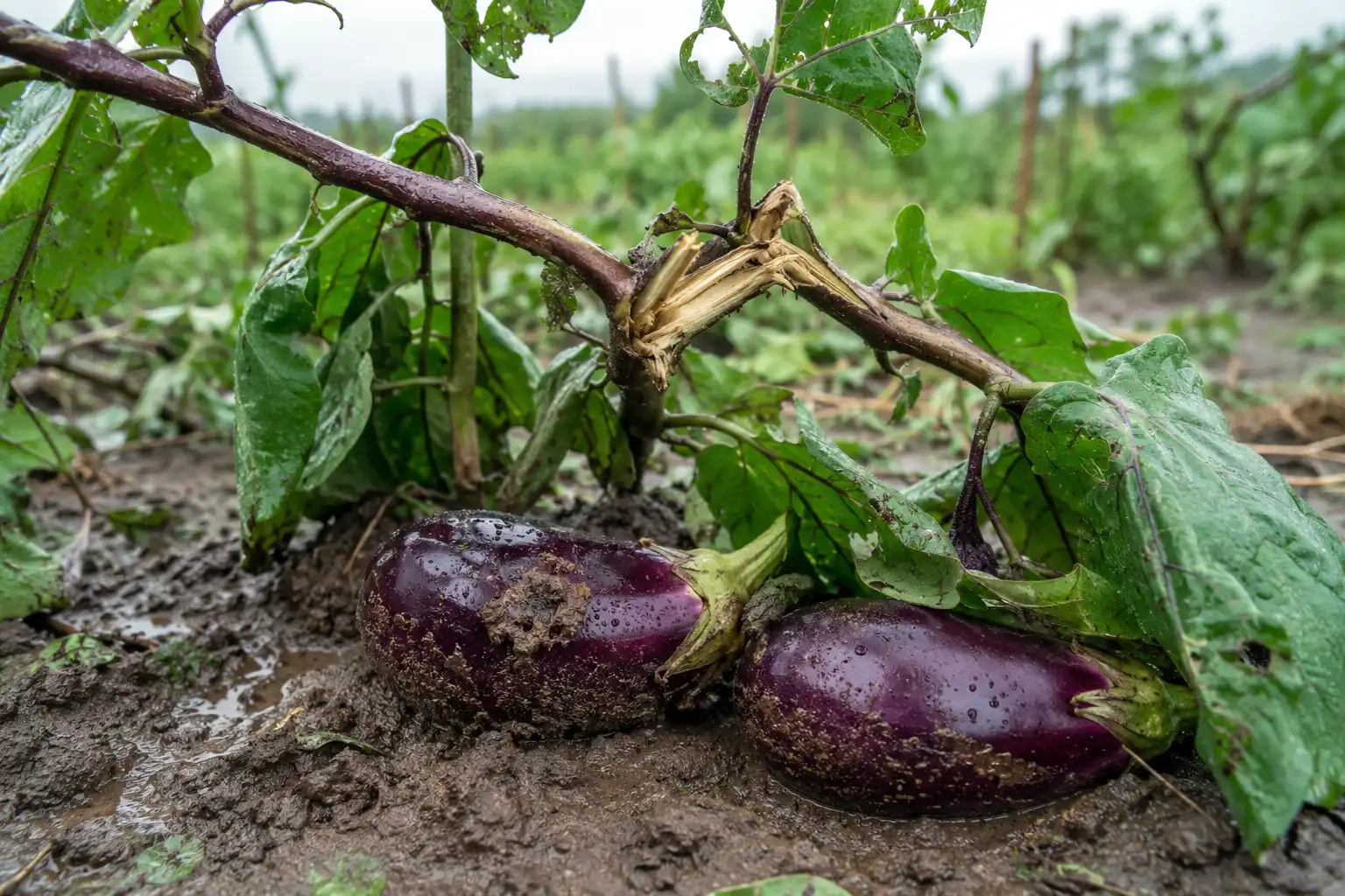 An eggplant branch cracked at the crotch after a storm, with two heavy fruits lying on muddy ground and soil splashed across the skin.