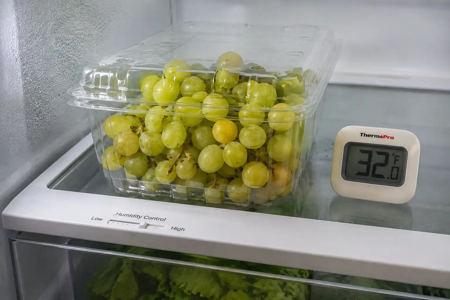 Cotton candy grapes stored unwashed in a vented clamshell at 32 degrees F to hold flavor through the season