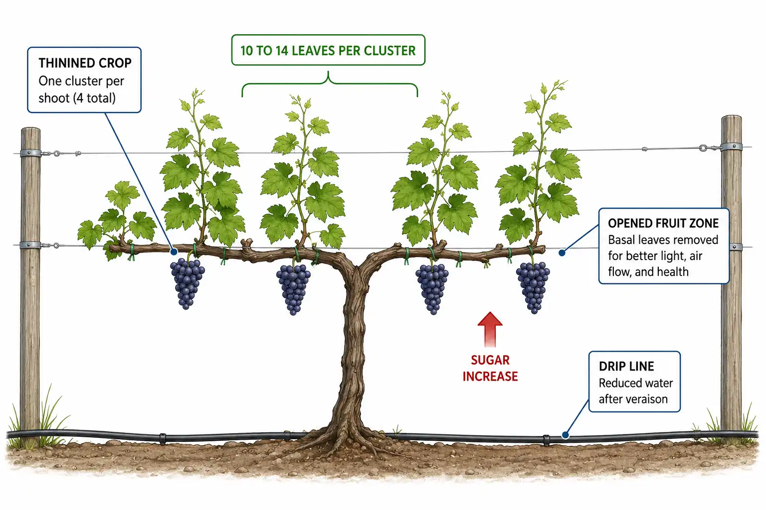 Ten to fourteen healthy leaves per cluster, a thinned crop, an open fruit zone, and reduced water after veraison all raise berry sugar