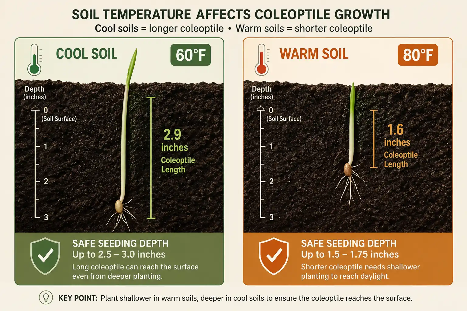 Soil at 80 degrees shortens the wheat coleoptile from about 2.9 inches to 1.6 inches, so seeding depth drops from 1.5 inches to under 1 inch.