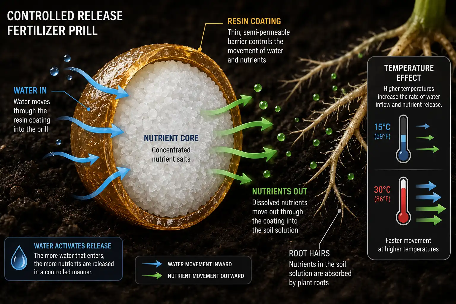 Cutaway diagram of a resin coated fertilizer granule showing water soaking through the shell, dissolving the nutrient core, and pushing nutrients out to nearby roots as soil warms.