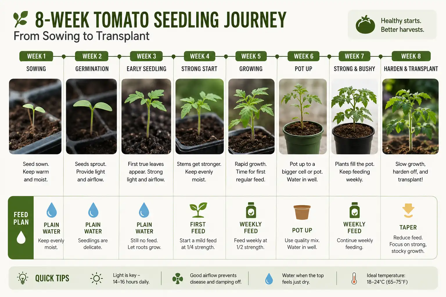 Feeding begins in week three at quarter strength, holds weekly through week six, then tapers once hardening off starts