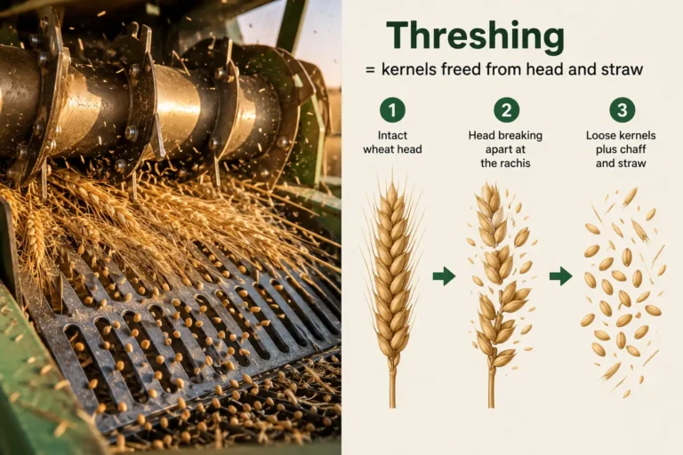 Threshing frees wheat kernels from the head and straw by rubbing the crop between a spinning rotor and a fixed concave, shown with the three stages of a wheat head breaking apart