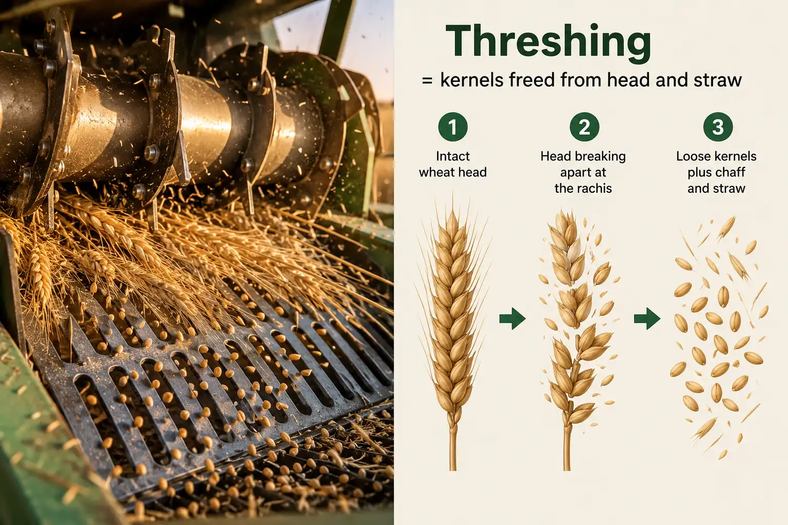 Threshing frees wheat kernels from the head and straw by rubbing the crop between a spinning rotor and a fixed concave, shown with the three stages of a wheat head breaking apart