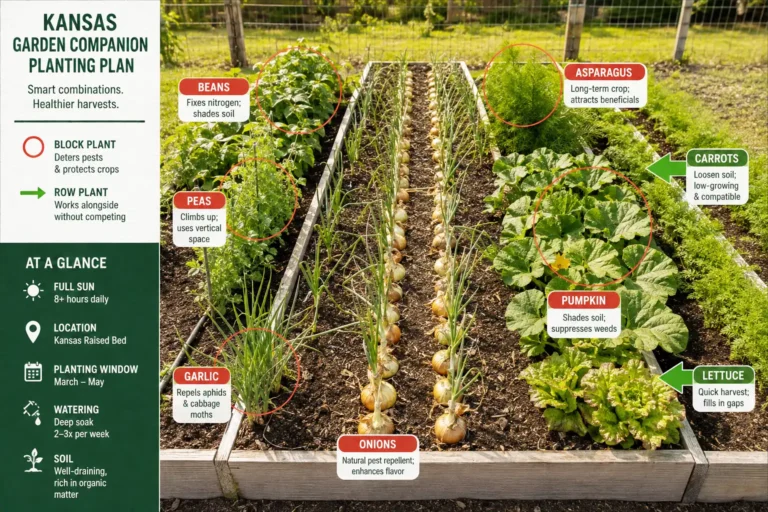 Beans, peas, garlic and other alliums, asparagus, and sprawling pumpkin vines are the plants to keep out of an onion bed, marked off beside rows of maturing yellow onions