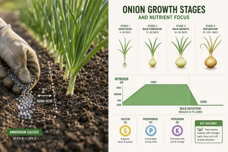 Onions take a sulfur bearing nitrogen source split through the season, with phosphorus and potassium set by soil test, and nitrogen cut off once bulbs begin to swell.