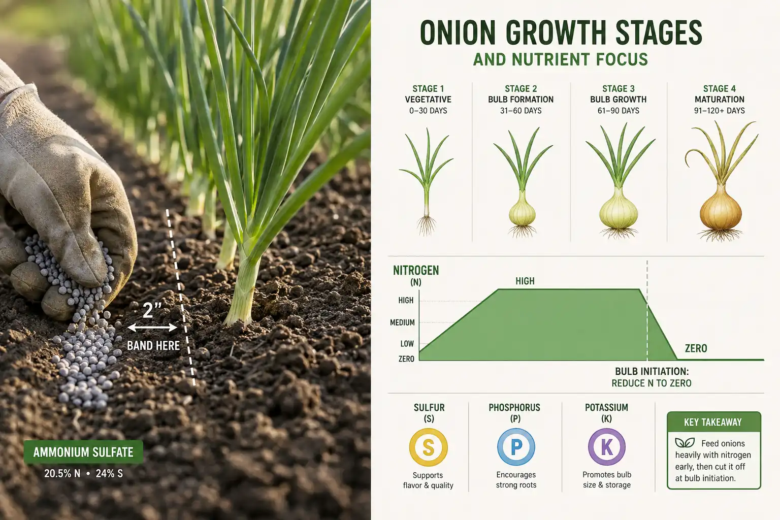 Onions take a sulfur bearing nitrogen source split through the season, with phosphorus and potassium set by soil test, and nitrogen cut off once bulbs begin to swell.